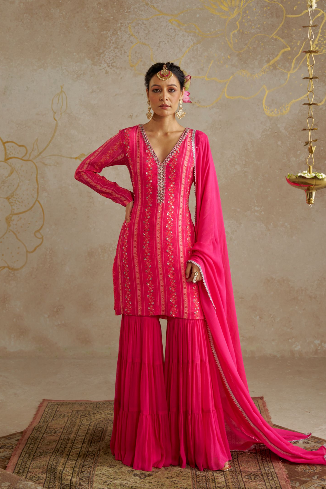 Pink Vine Tiered Sharara Set