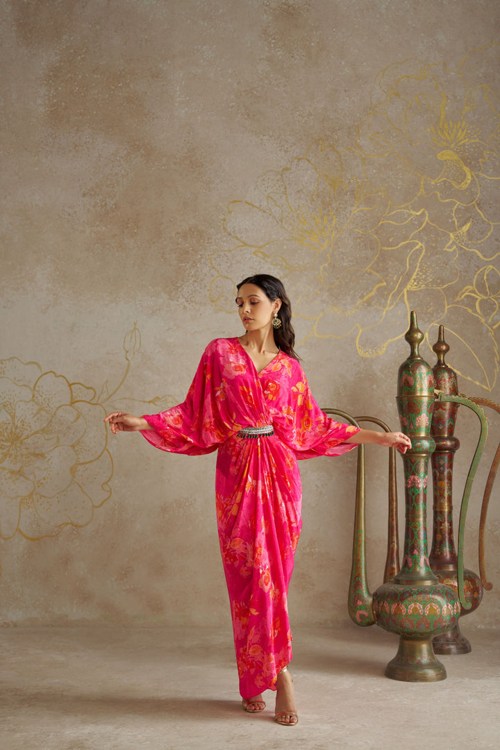 Pink Rose Draped Kaftan Dress