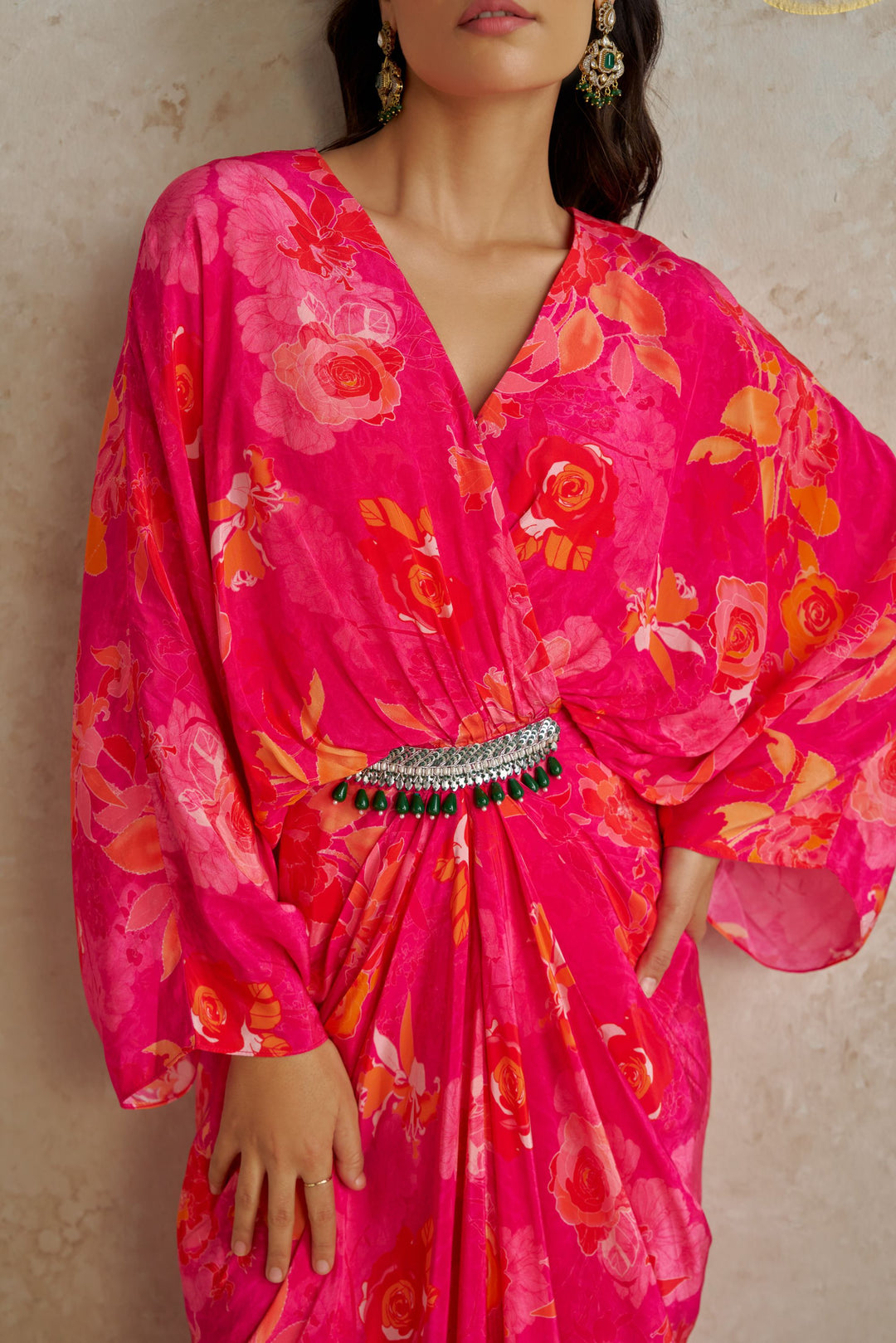 Pink Rose Draped Kaftan Dress