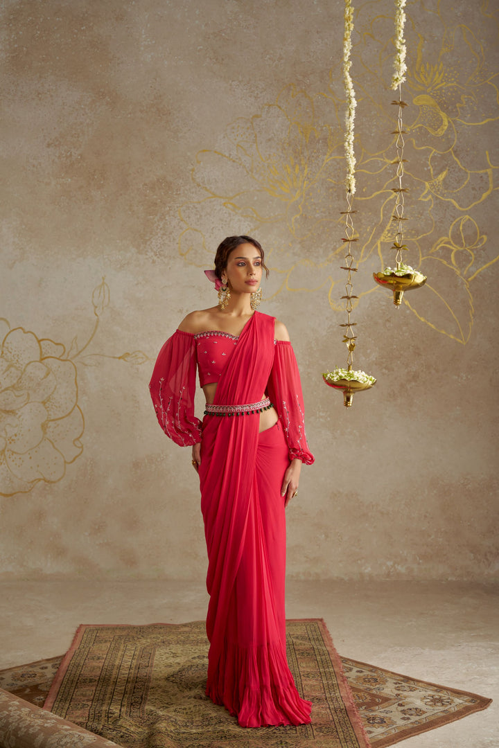 Coral Red Saree with Off-Shoulder Blouse