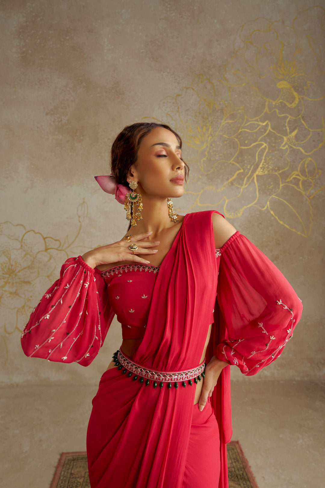 Coral Red Saree with Off-Shoulder Blouse