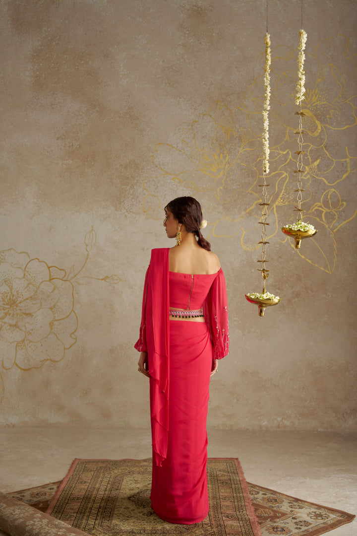 Coral Red Saree with Off-Shoulder Blouse