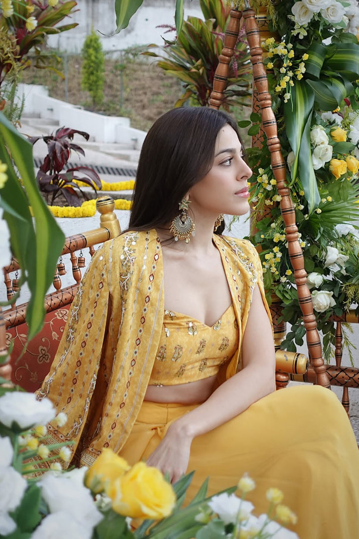 Alaya F in our Yellow Vine Jacket with Palazzo and Bustier