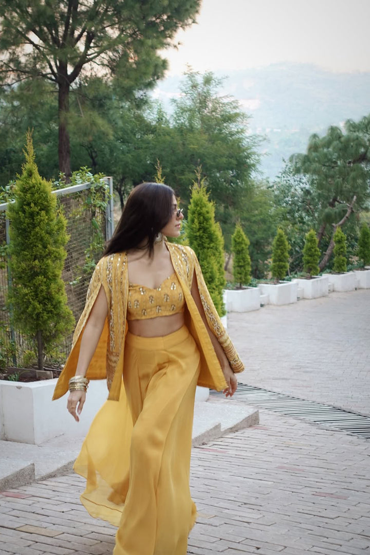 Alaya F in our Yellow Vine Jacket with Palazzo and Bustier