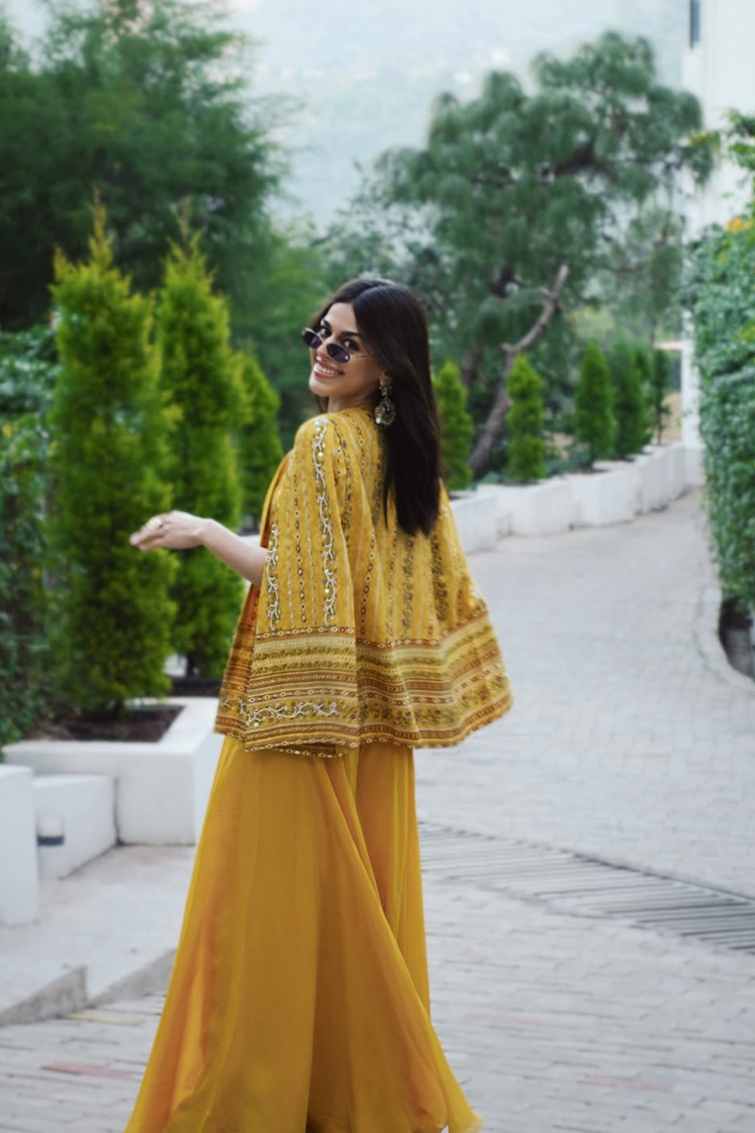 Alaya F in our Yellow Vine Jacket with Palazzo and Bustier