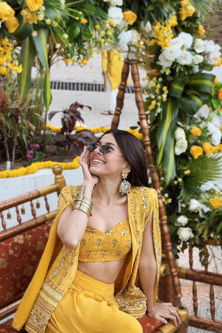 Alaya F in our Yellow Vine Jacket with Palazzo and Bustier