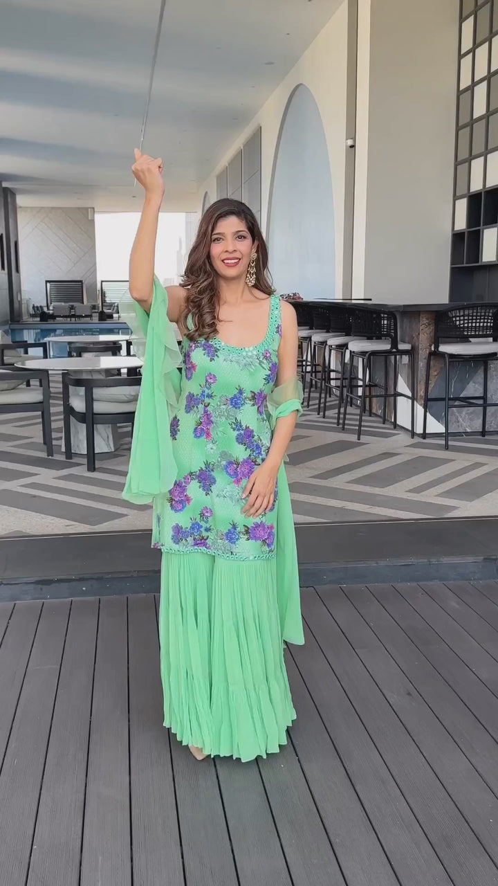 Influencer Mallika Singhania in sea green sharara with kurta and dupatta