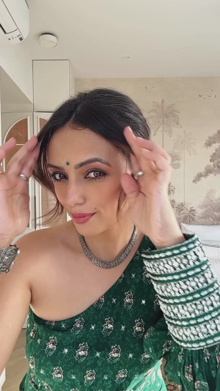 Roshni Chopra in our Green Booti Draped One-Shoulder Dress