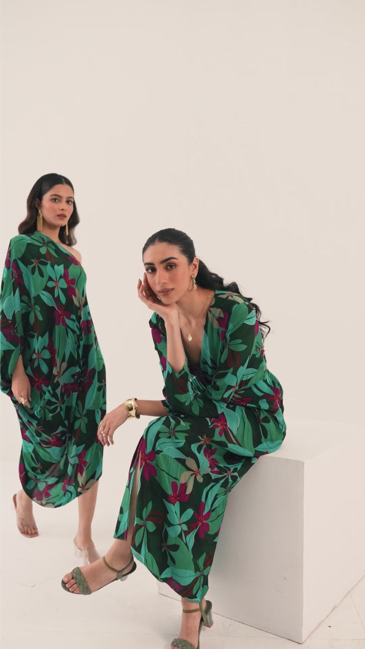 Green Tropical Draped Dress