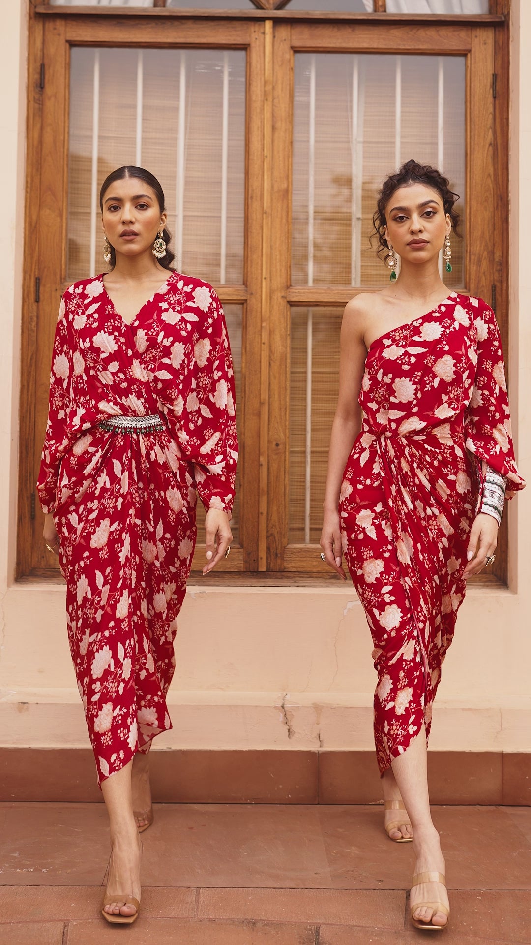 Red One-shoulder Draped Dress