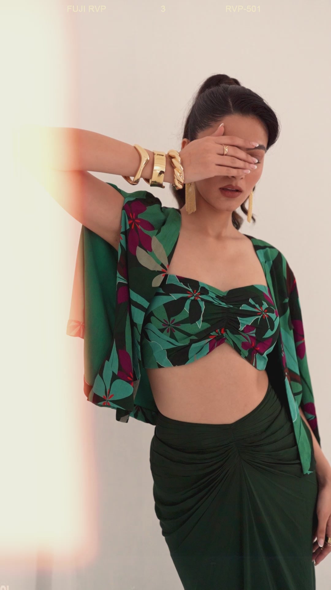 Green Tropical Jacket and Draped Skirt Set
