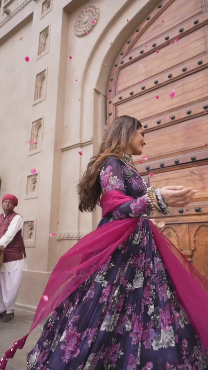 Influencer Krishna in  navy printed and embroidered lehenga set
