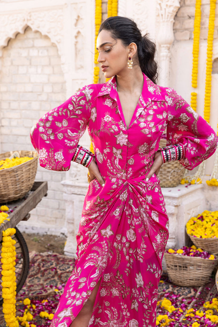 Hot Pink Printed Draped Dress