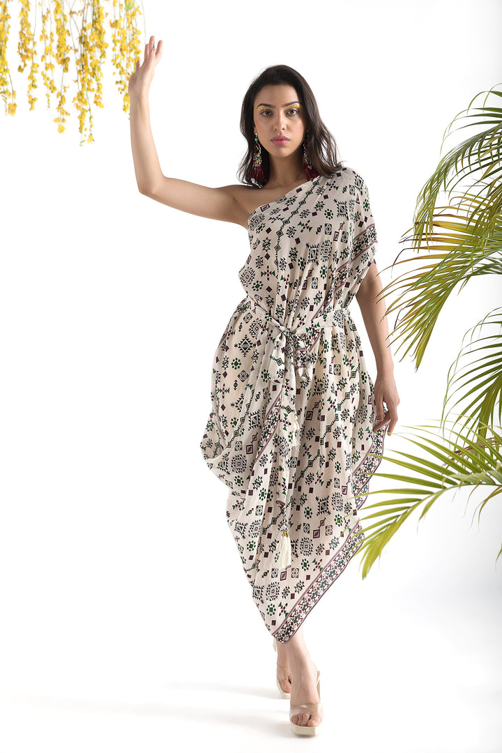 Ivory Printed Cowl Dress