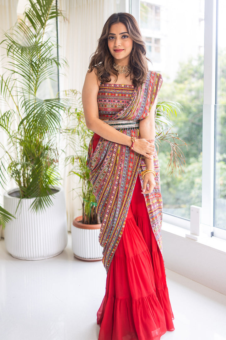 Influencer Nisha Aggarwal in Our Red Printed Sharara Saree