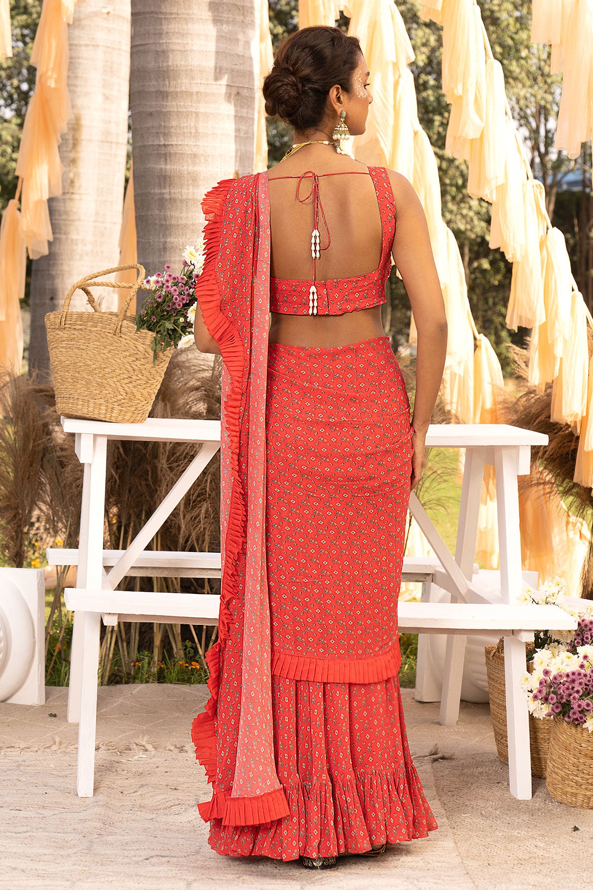 Red Printed Saree Set