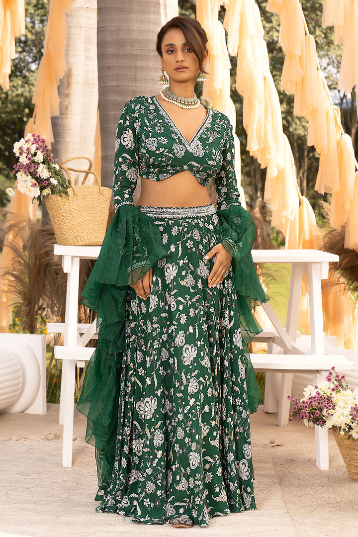 Bottle Green Printed Lehenga Set