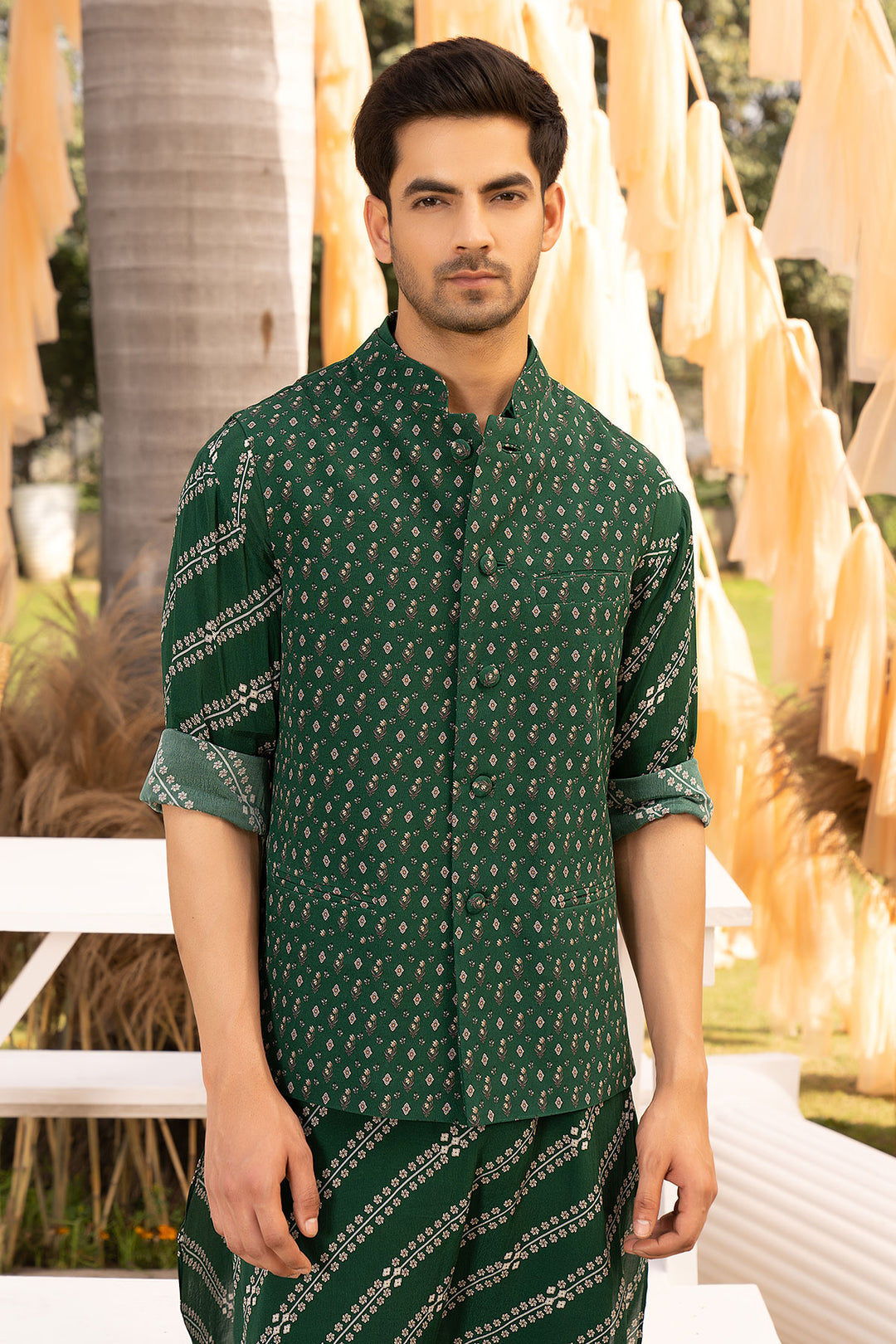 Bottle Green Printed Bundi Set