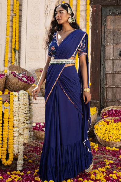 Royal Blue Pre-draped Saree Set