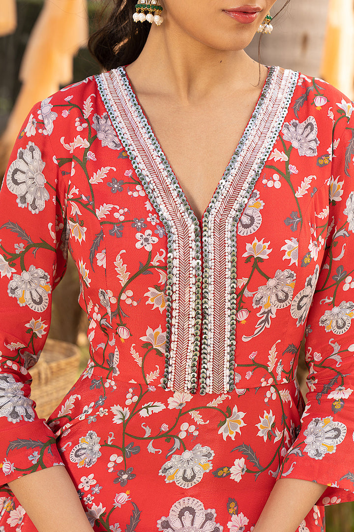 Red Printed Peplum Top With Organza Skirt