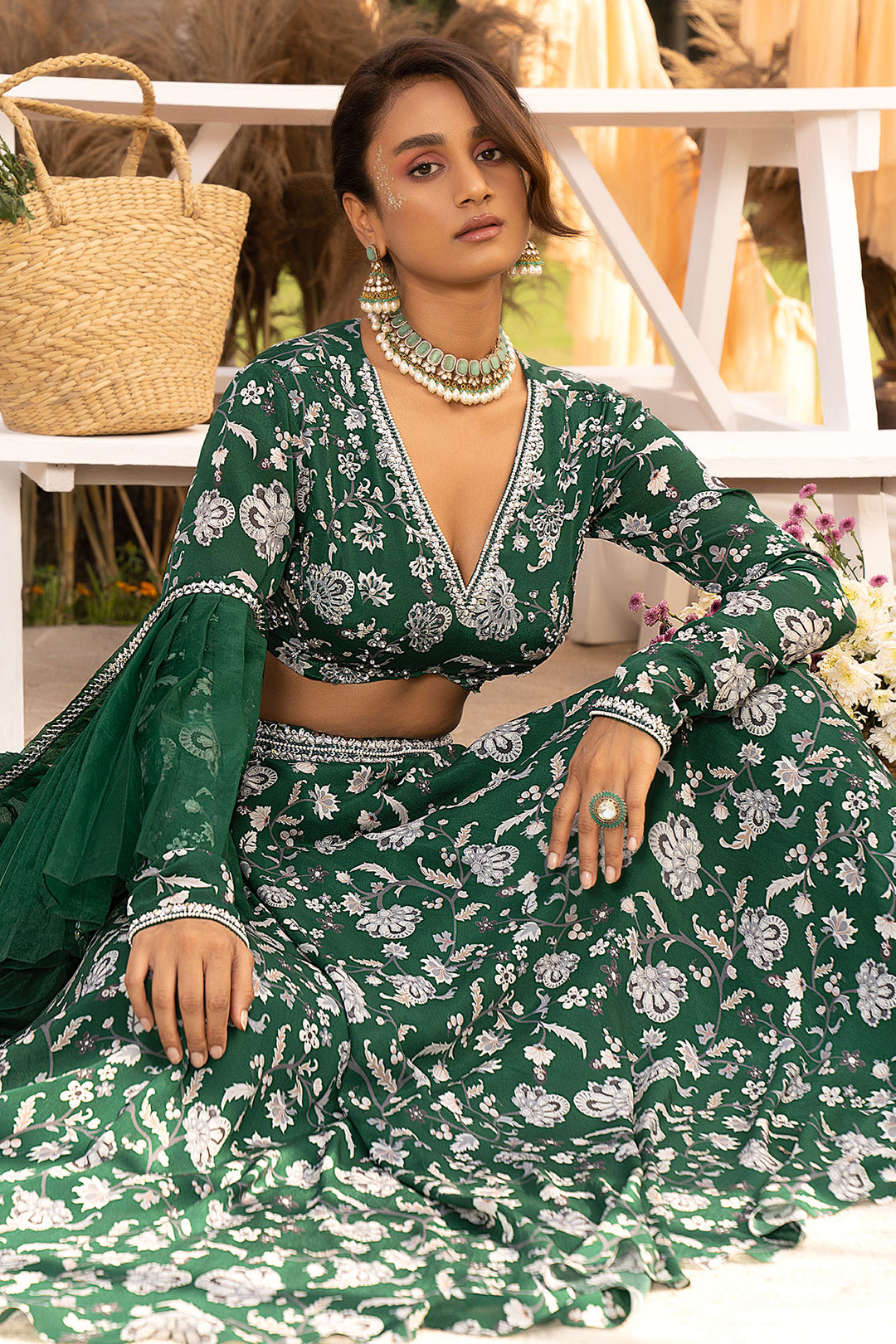 Bottle Green Printed Lehenga Set