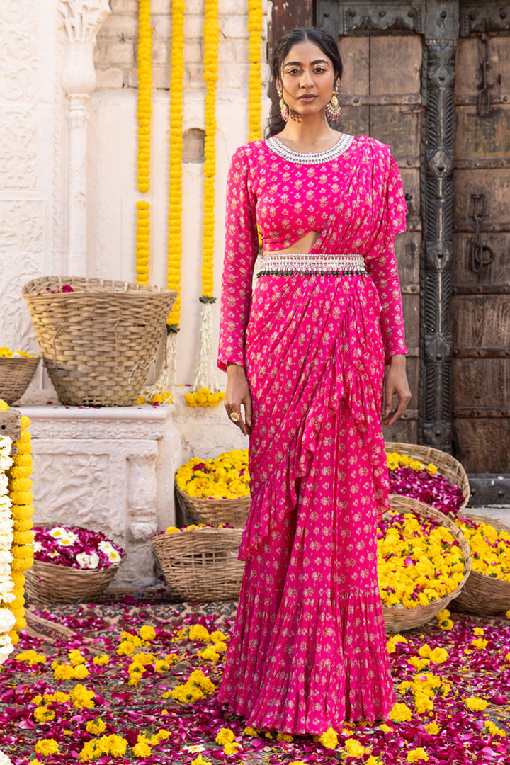 Hot Pink Printed Frill Saree Set