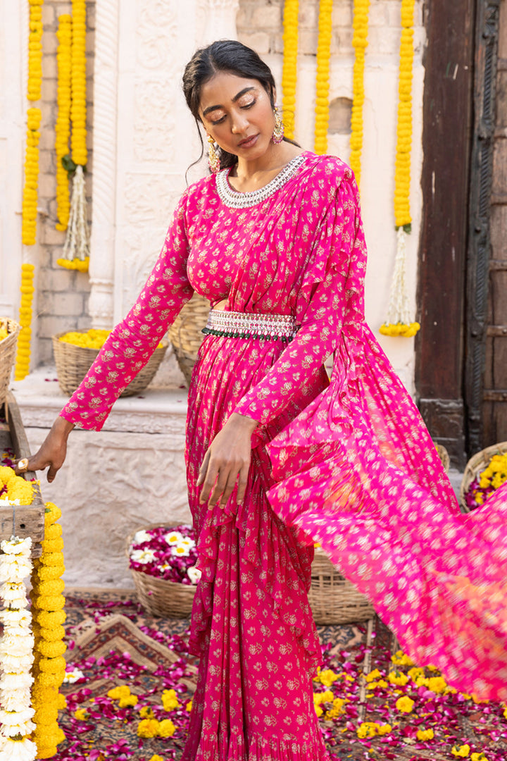 Hot Pink Printed Frill Saree Set