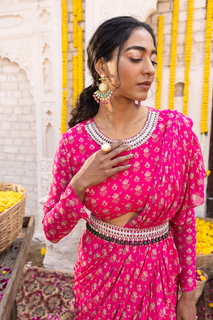 Hot Pink Printed Frill Saree Set