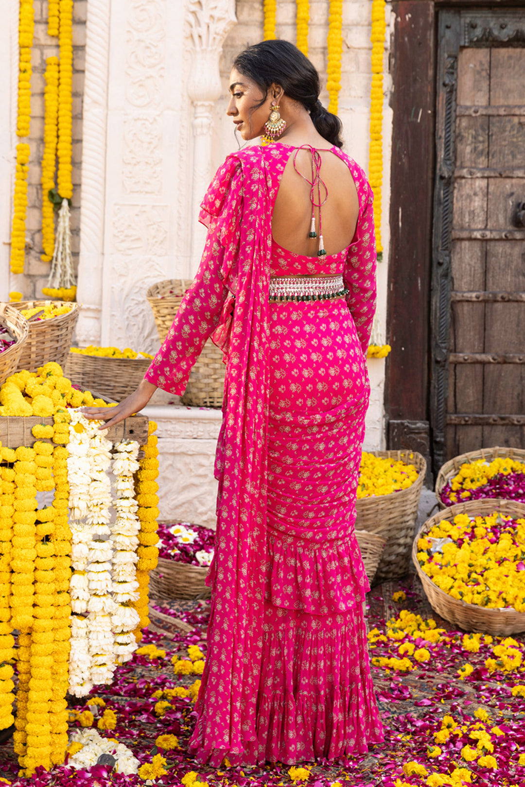 Hot Pink Printed Frill Saree Set