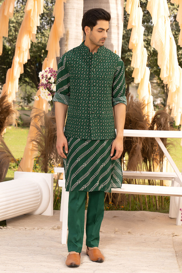 Bottle Green Printed Bundi Set