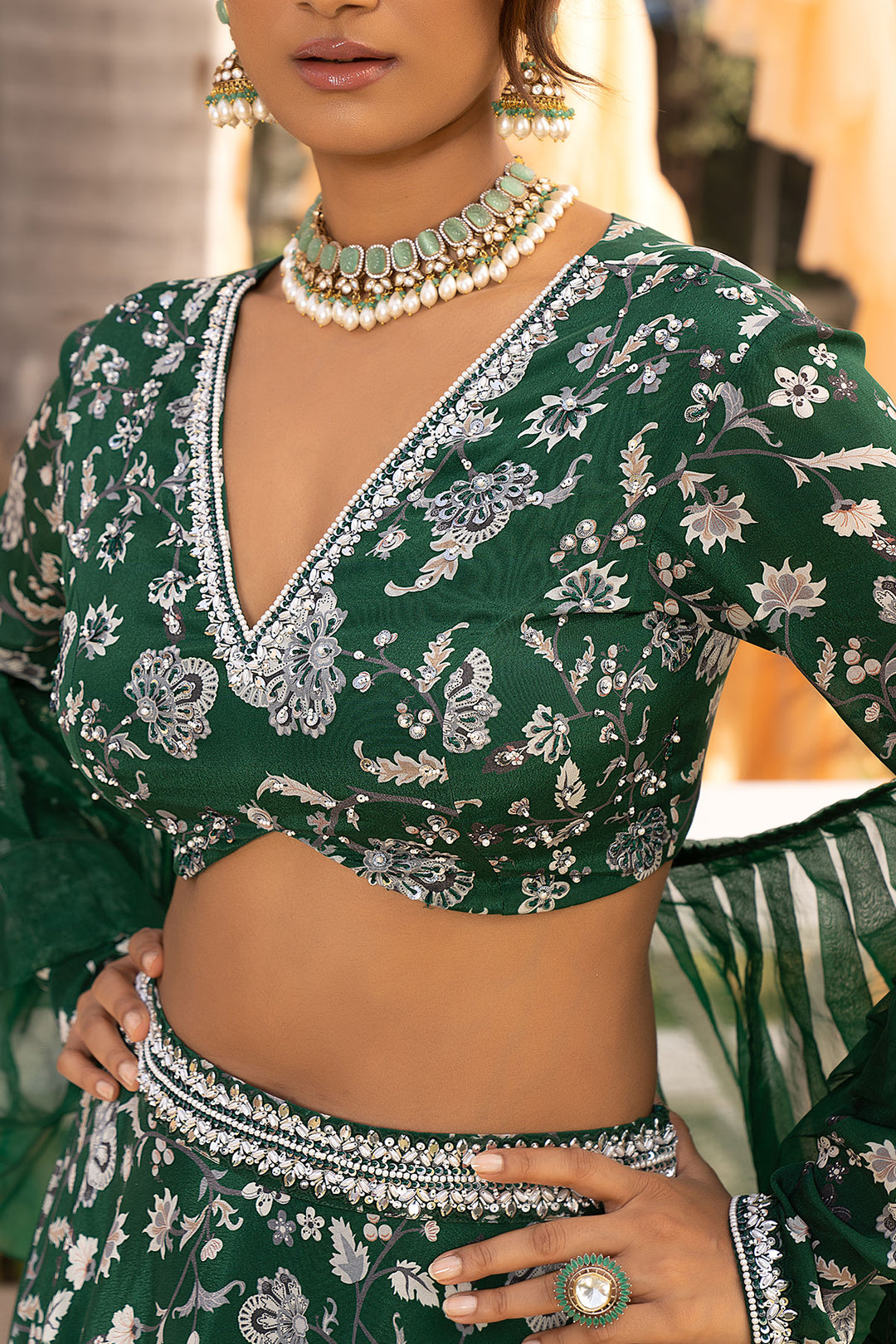 Bottle Green Printed Lehenga Set