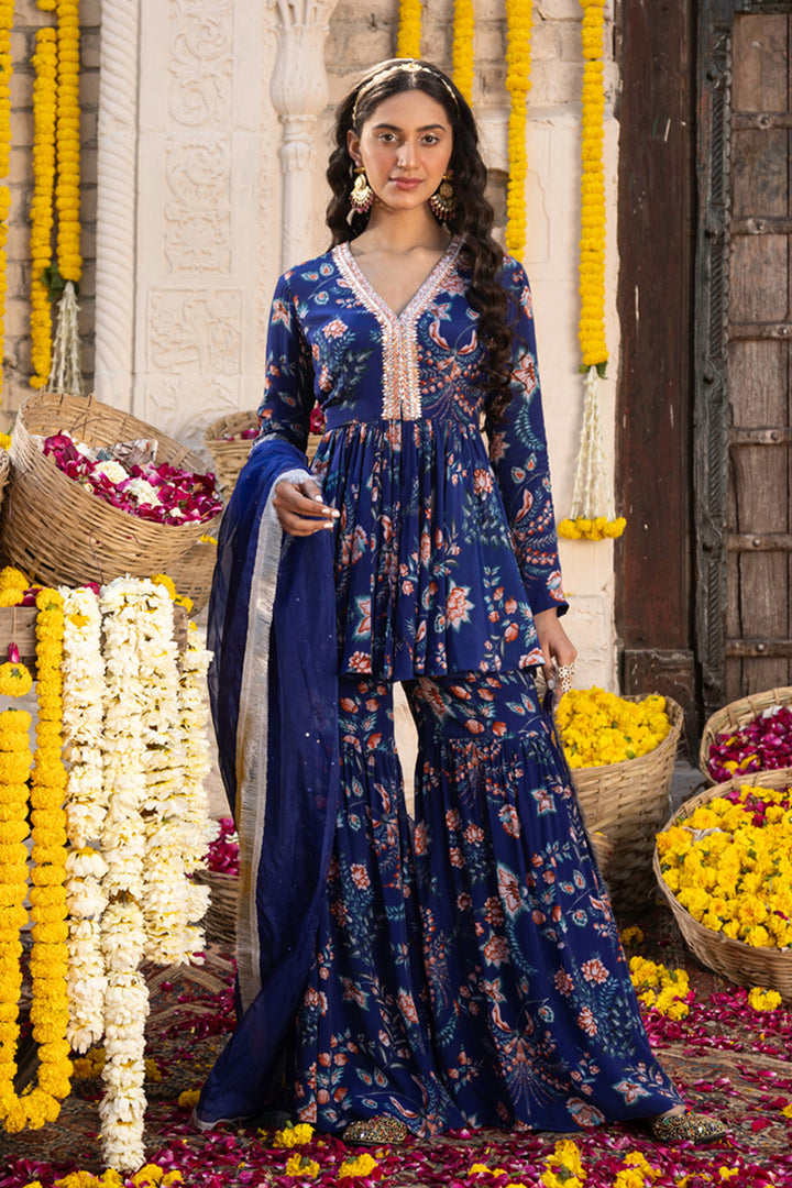 Royal Blue Printed Sharara Set