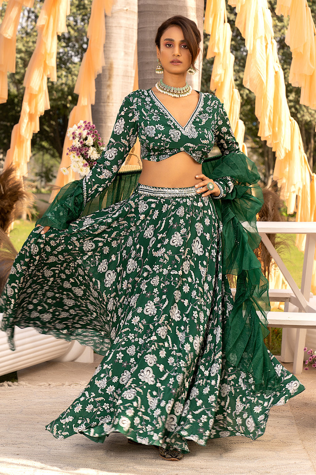 Bottle Green Printed Lehenga Set