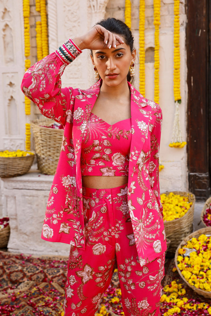 Hot Pink Printed Pant Suit