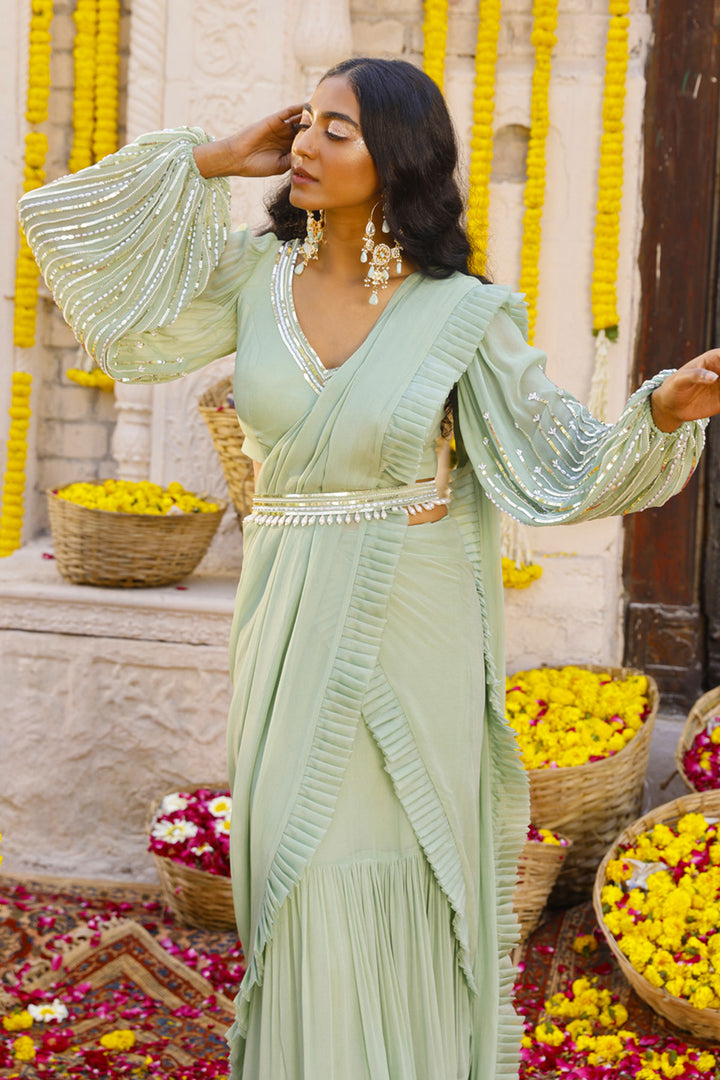 Sage Green Pre-Draped Saree Set