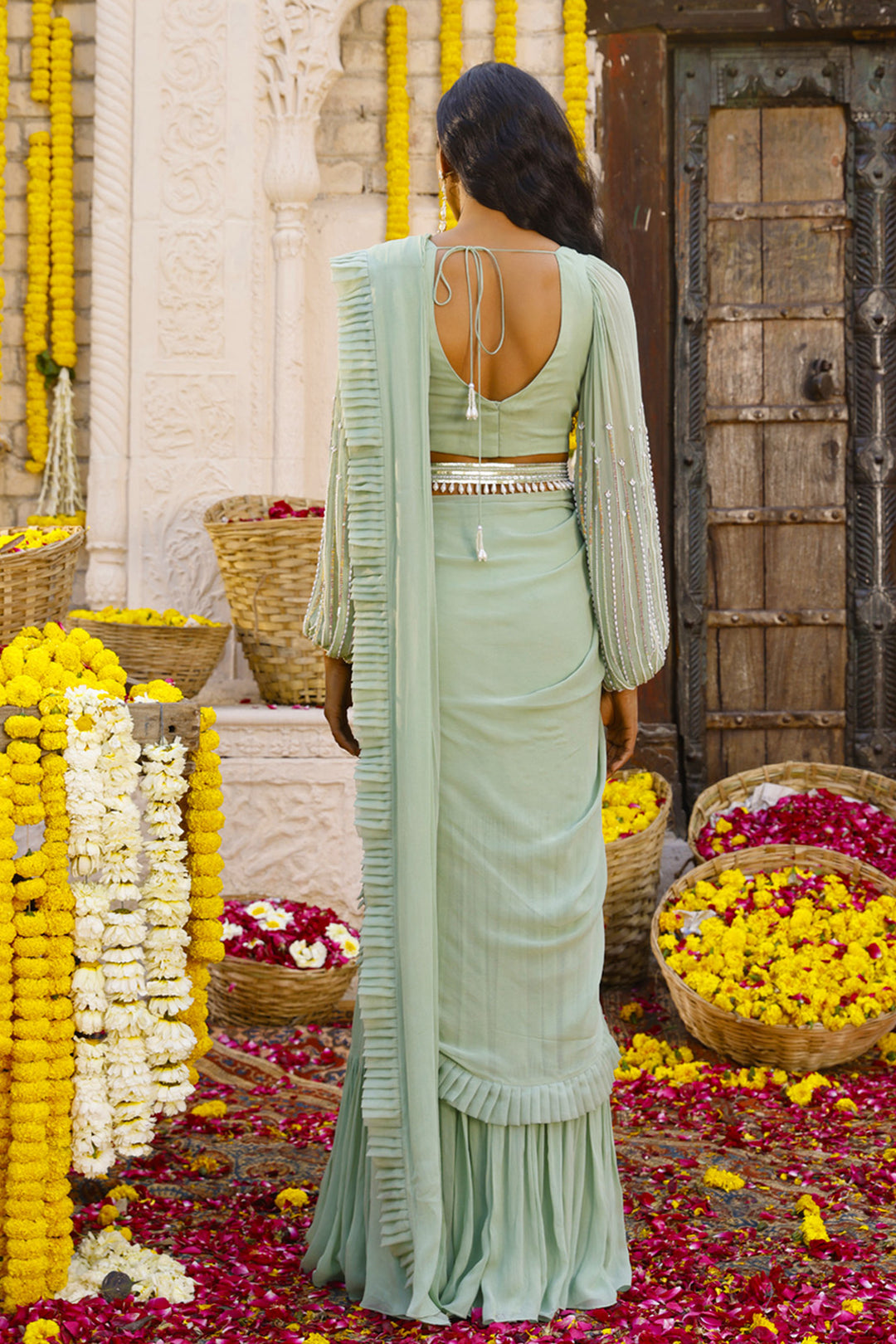 Sage Green Pre-Draped Saree Set