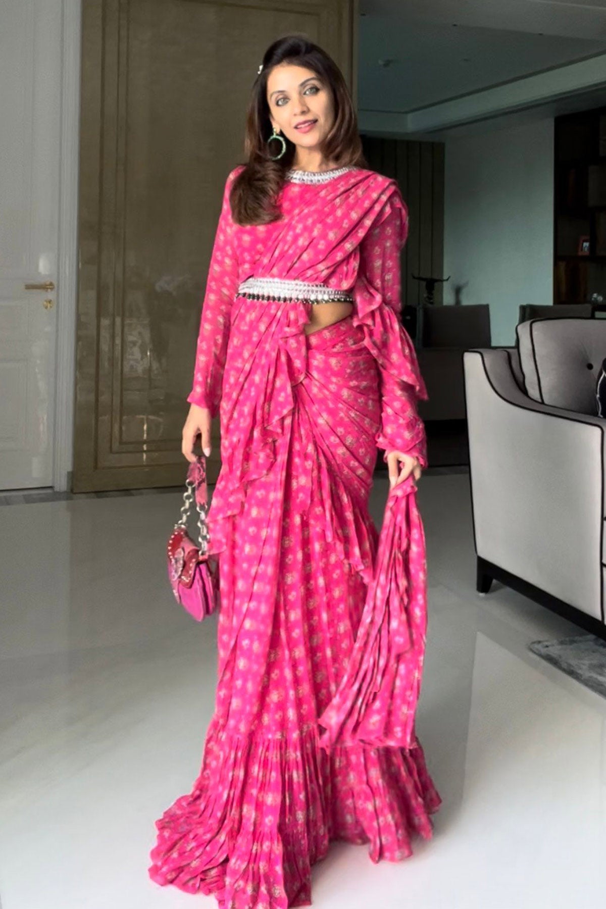 Influencer Nriti In Our Pink Frill Saree