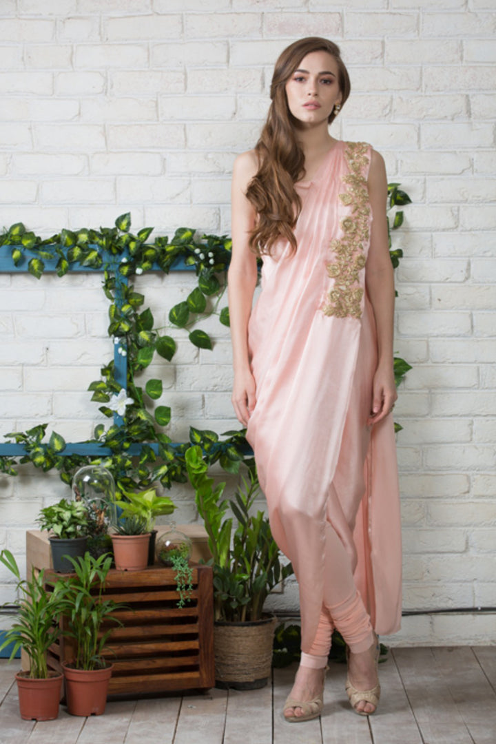 Light Pink One Shoulder Drape Kurta With Churidar