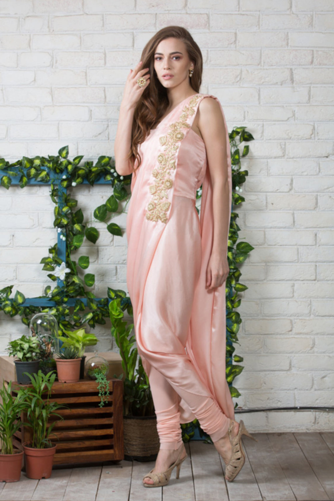 Light Pink One Shoulder Drape Kurta With Churidar