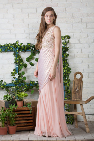 Light Pink And Gold One Shoulder Draped Saree Gown