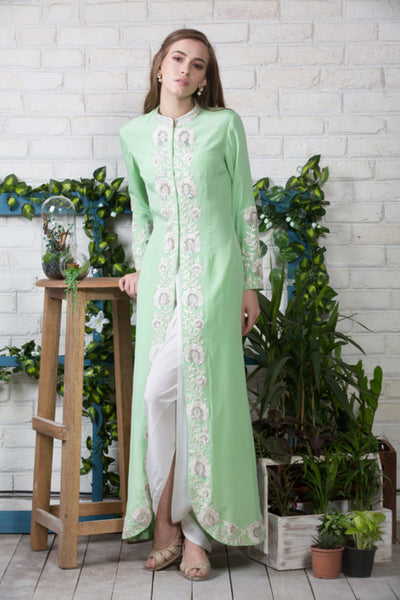 Mint Green Embroidered Long Jacket With Dhoti Pants