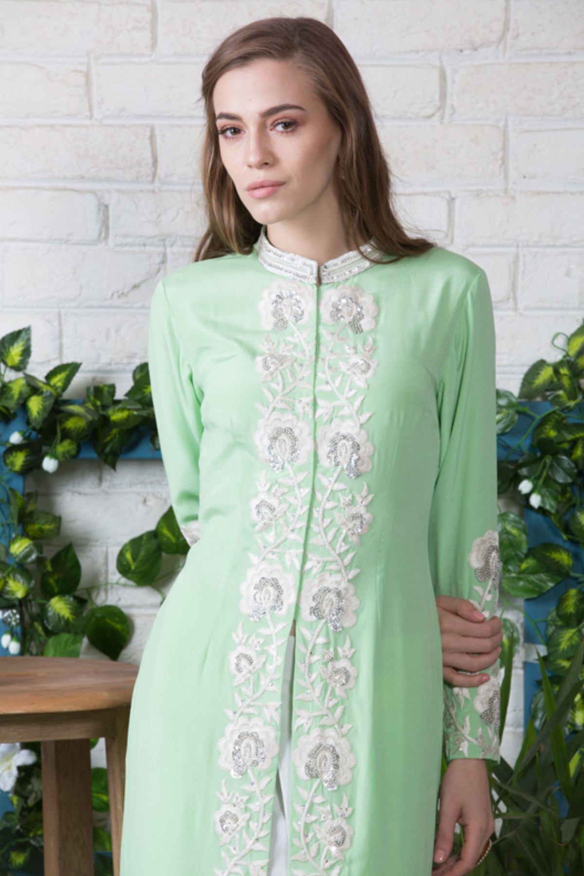 Mint Green Embroidered Long Jacket With Dhoti Pants