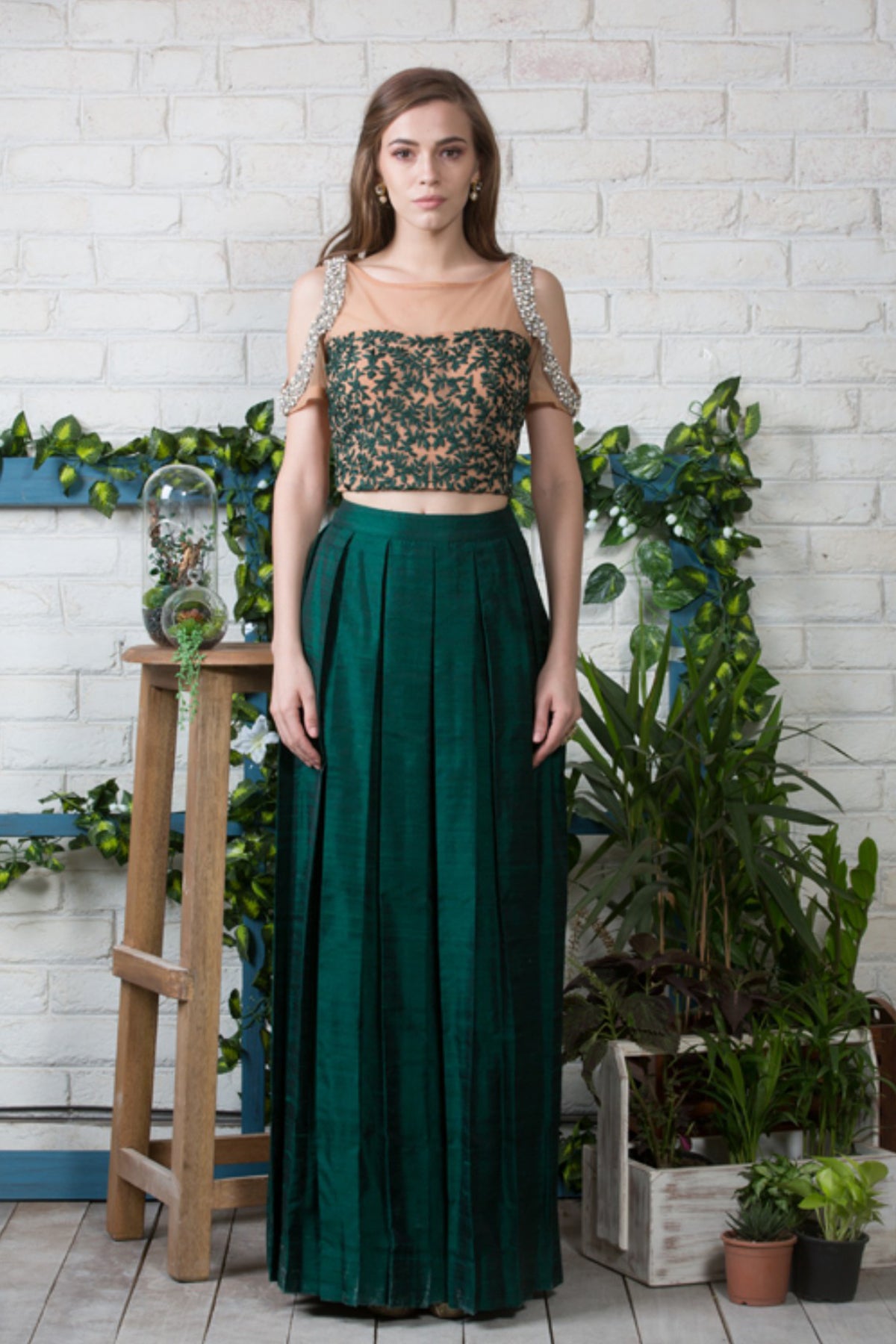 Emerald Green Pleated Skirt With Cold Shoulder Embroidered Top
