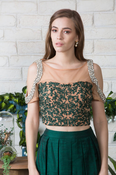 Emerald Green Pleated Skirt With Cold Shoulder Embroidered Top