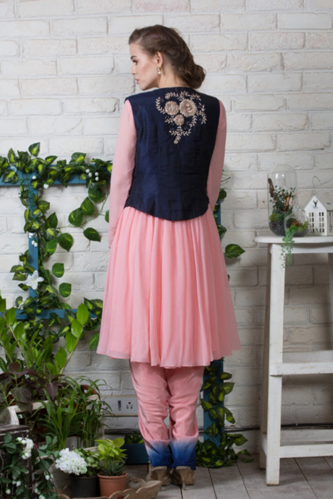 Pink Chiffon Kurta With Blue Embroidered Gilet And Dhoti