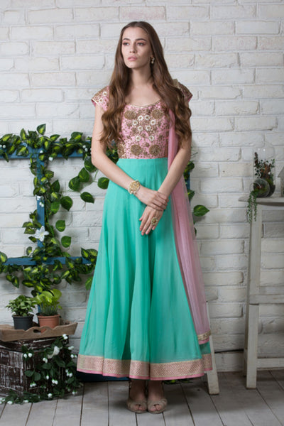 Sea Green And Pink Embroidered Anarkali Set