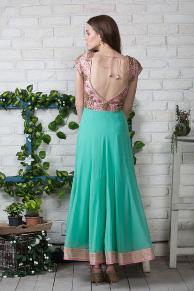 Sea Green And Pink Embroidered Anarkali Set