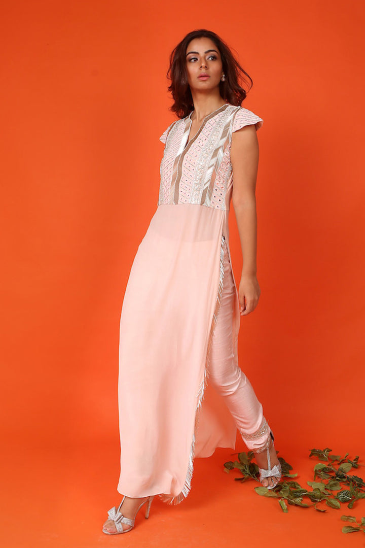 Light Pink Mirror Work Kurta With Pants