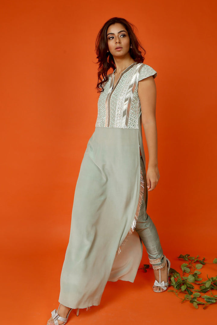 Sage Green Mirror Work Kurta With Pants