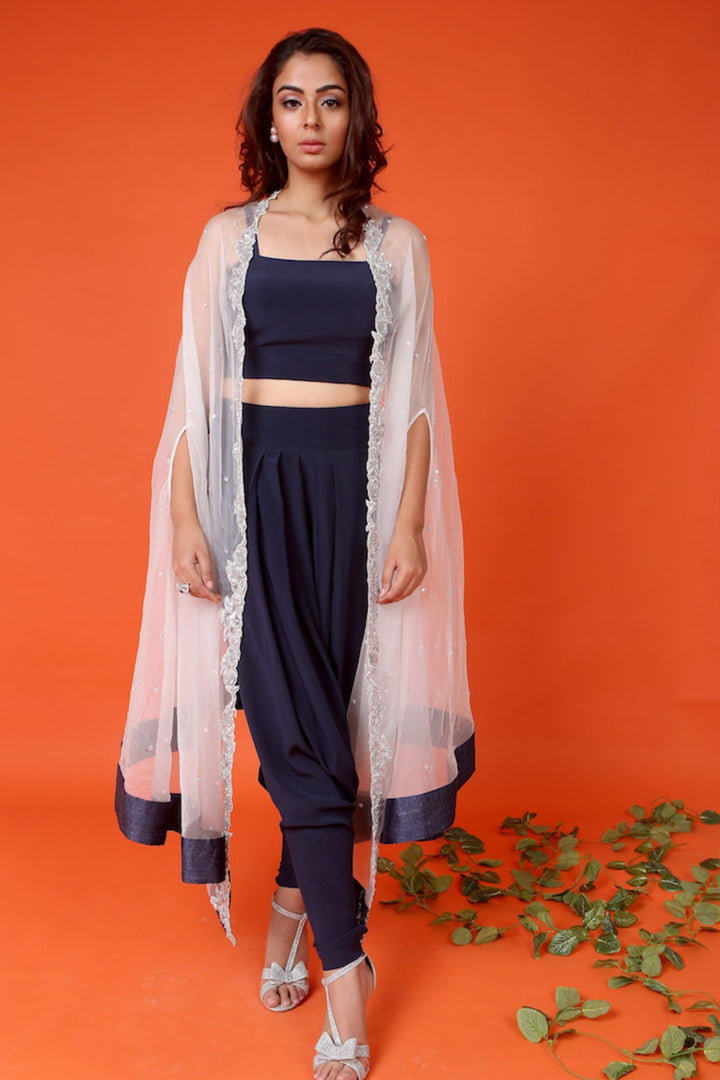 White Zardosi Embroidered Cape With Navy Blue Dhoti And Crop Top Set